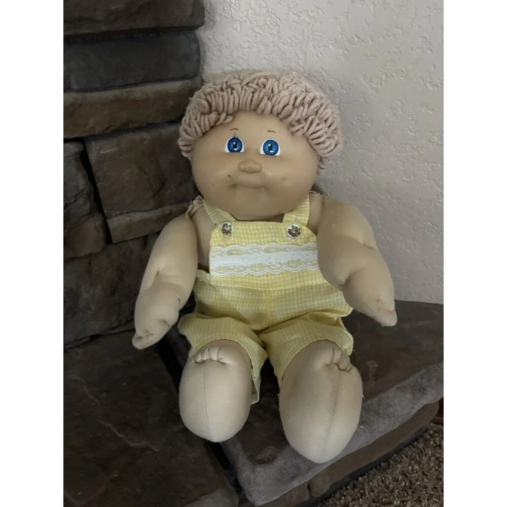 Vintage Cabbage Patch Kids Boy Doll Blue Eyes Yellow Gingham Overalls